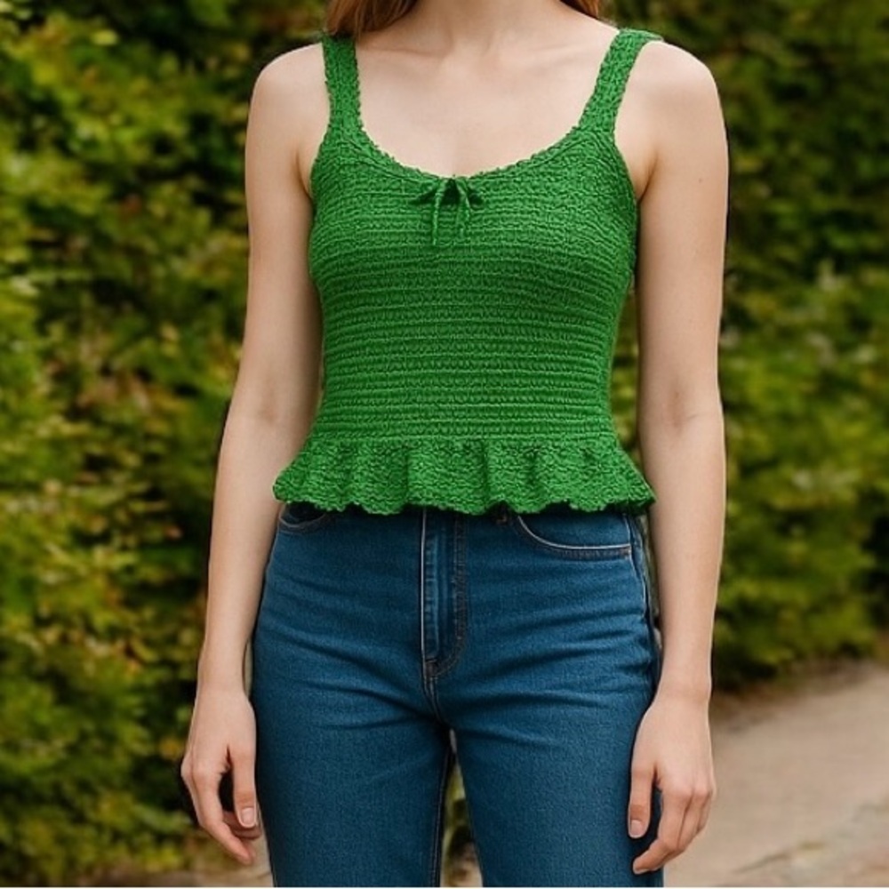 Crop Top Halter Crochet Halter Tank Hand Crafted Green Floral Embellished